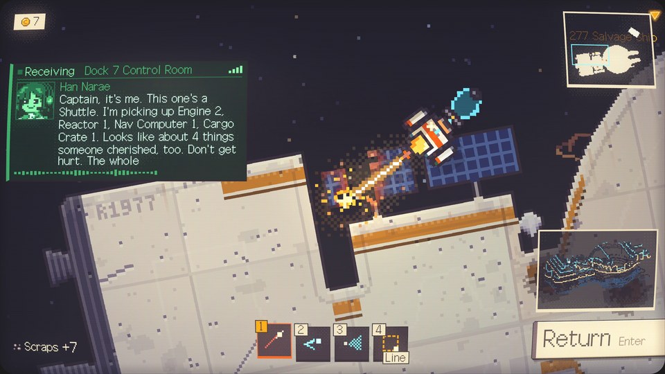 Cutting into a shuttle's hull with the Laser while Narae radios in from the Control Room.
